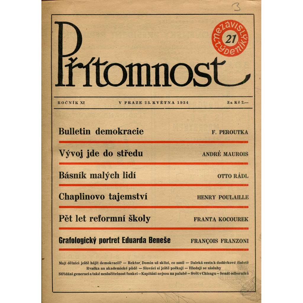 Přítomnost, ročník XI., číslo 21/1934 (Časopis, noviny, 1. republika)