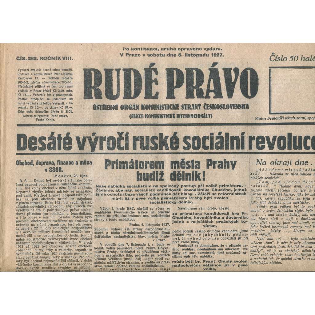 Rudé právo, ročník VIII., číslo 262/1927. Ústřední orgán Komunistické strany Československa (staré noviny, 1. republika)