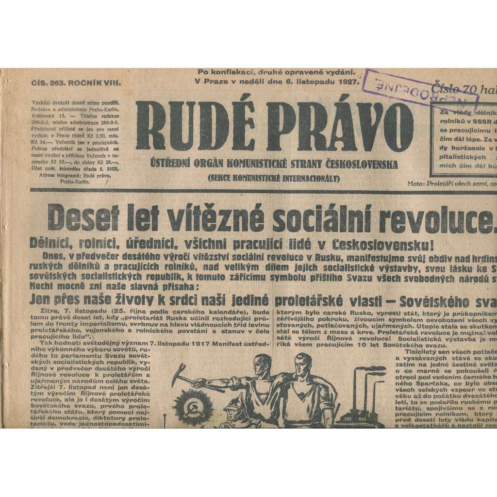 Rudé právo, ročník VIII., číslo 263/1927. Ústřední orgán Komunistické strany Československa (staré noviny, 1. republika)