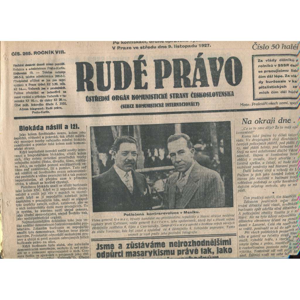 Rudé právo, ročník VIII., číslo 265/1927. Ústřední orgán Komunistické strany Československa (staré noviny, 1. republika)