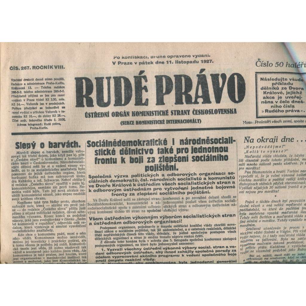 Rudé právo, ročník VIII., číslo 267/1927. Ústřední orgán Komunistické strany Československa (staré noviny, 1. republika)