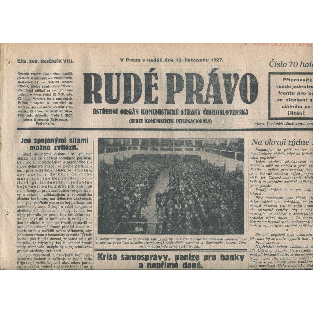 Rudé právo, ročník VIII., číslo 269/1927. Ústřední orgán Komunistické strany Československa (staré noviny, 1. republika)