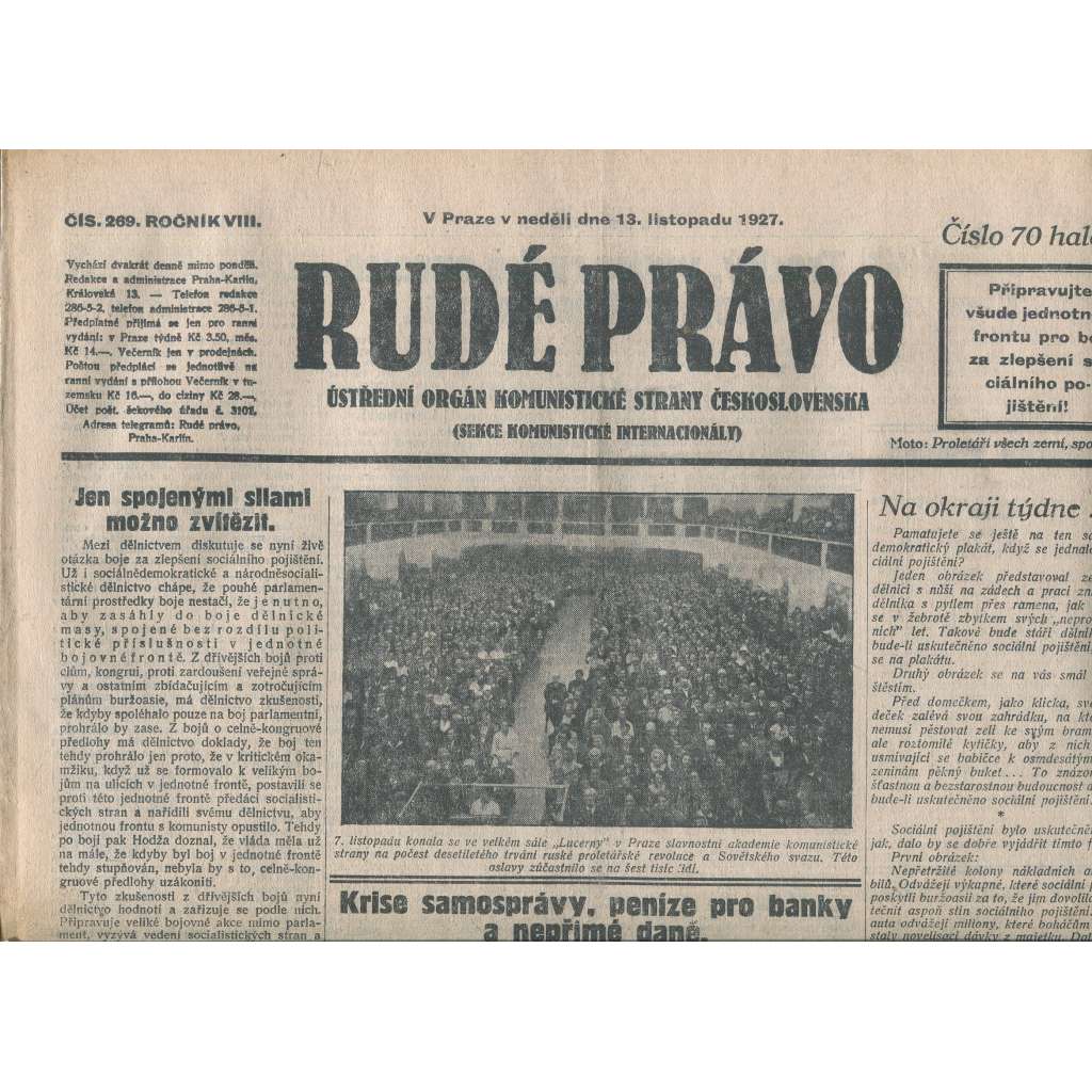 Rudé právo, ročník VIII., číslo 269/1927. Ústřední orgán Komunistické strany Československa (staré noviny, 1. republika)