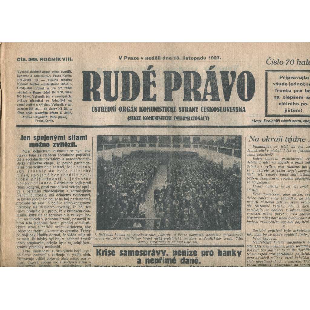 Rudé právo, ročník VIII., číslo 269/1927. Ústřední orgán Komunistické strany Československa (staré noviny, 1. republika)
