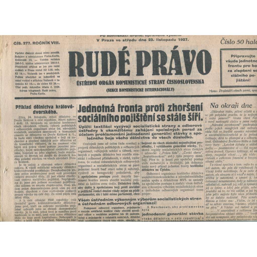 Rudé právo, ročník VIII., číslo 277/1927. Ústřední orgán Komunistické strany Československa (staré noviny, 1. republika)