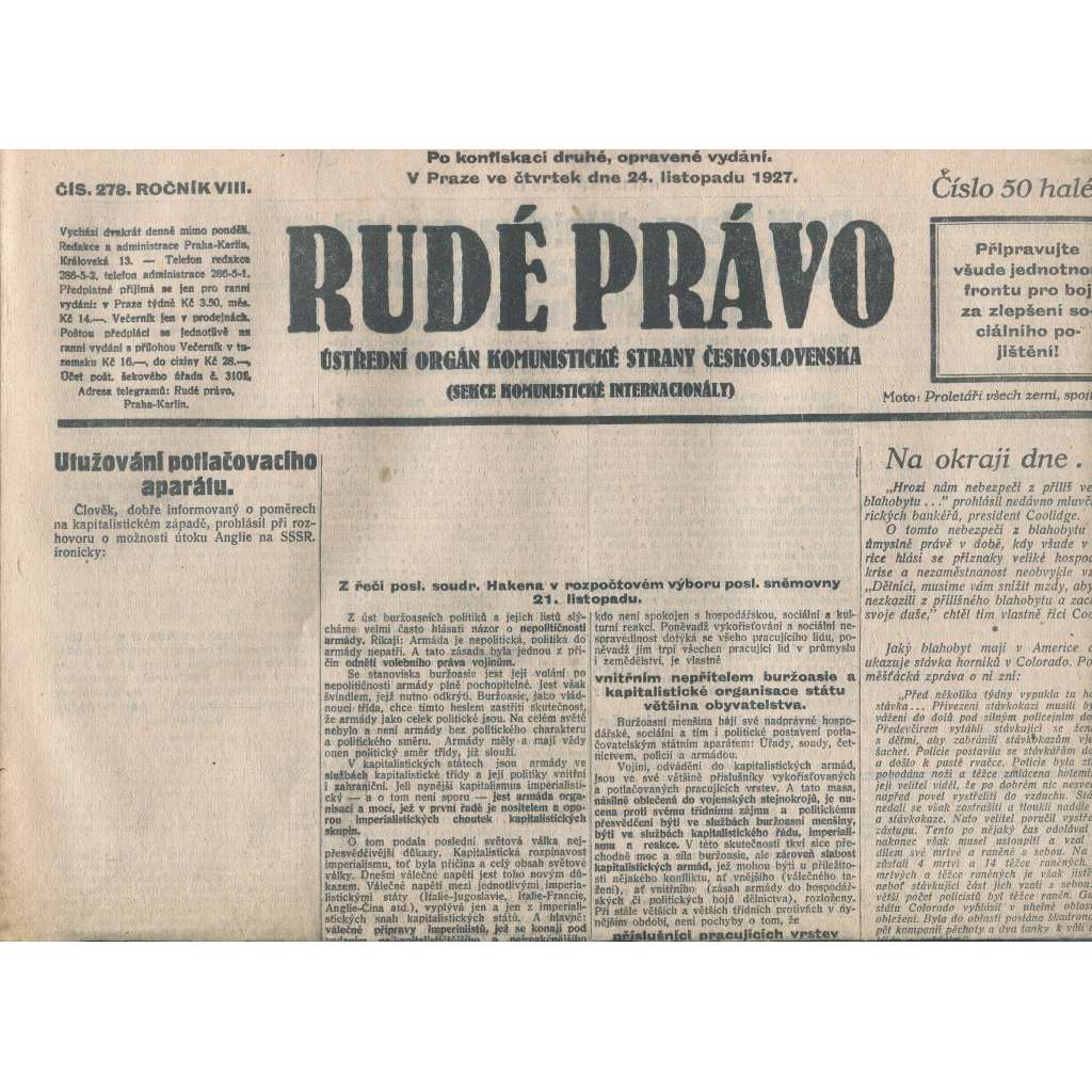 Rudé právo, ročník VIII., číslo 278/1927. Ústřední orgán Komunistické strany Československa (staré noviny, 1. republika)