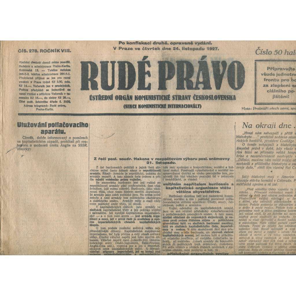 Rudé právo, ročník VIII., číslo 278/1927. Ústřední orgán Komunistické strany Československa (staré noviny, 1. republika)