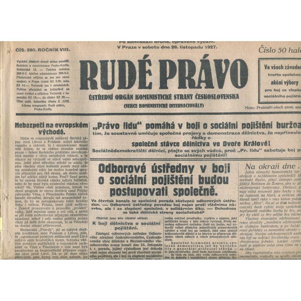 Rudé právo, ročník VIII., číslo 280/1927. Ústřední orgán Komunistické strany Československa (staré noviny, 1. republika)