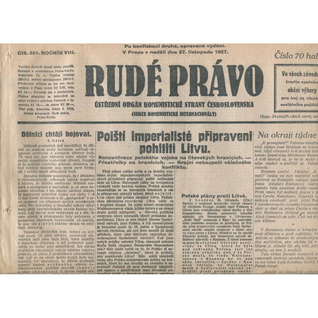 Rudé právo, ročník VIII., číslo 280/1927. Ústřední orgán Komunistické strany Československa (staré noviny, 1. republika)
