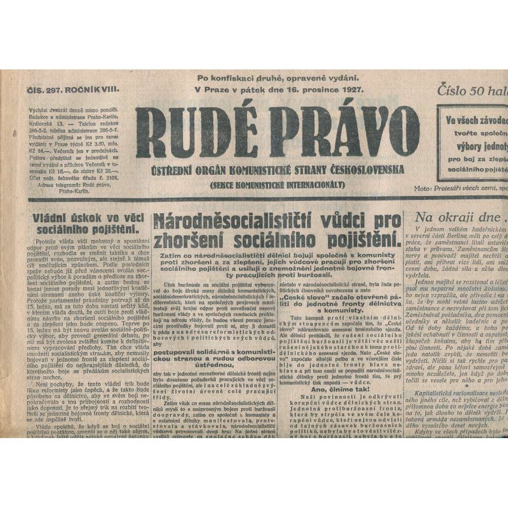 Rudé právo, ročník VIII., číslo 297/1927. Ústřední orgán Komunistické strany Československa (staré noviny, 1. republika)