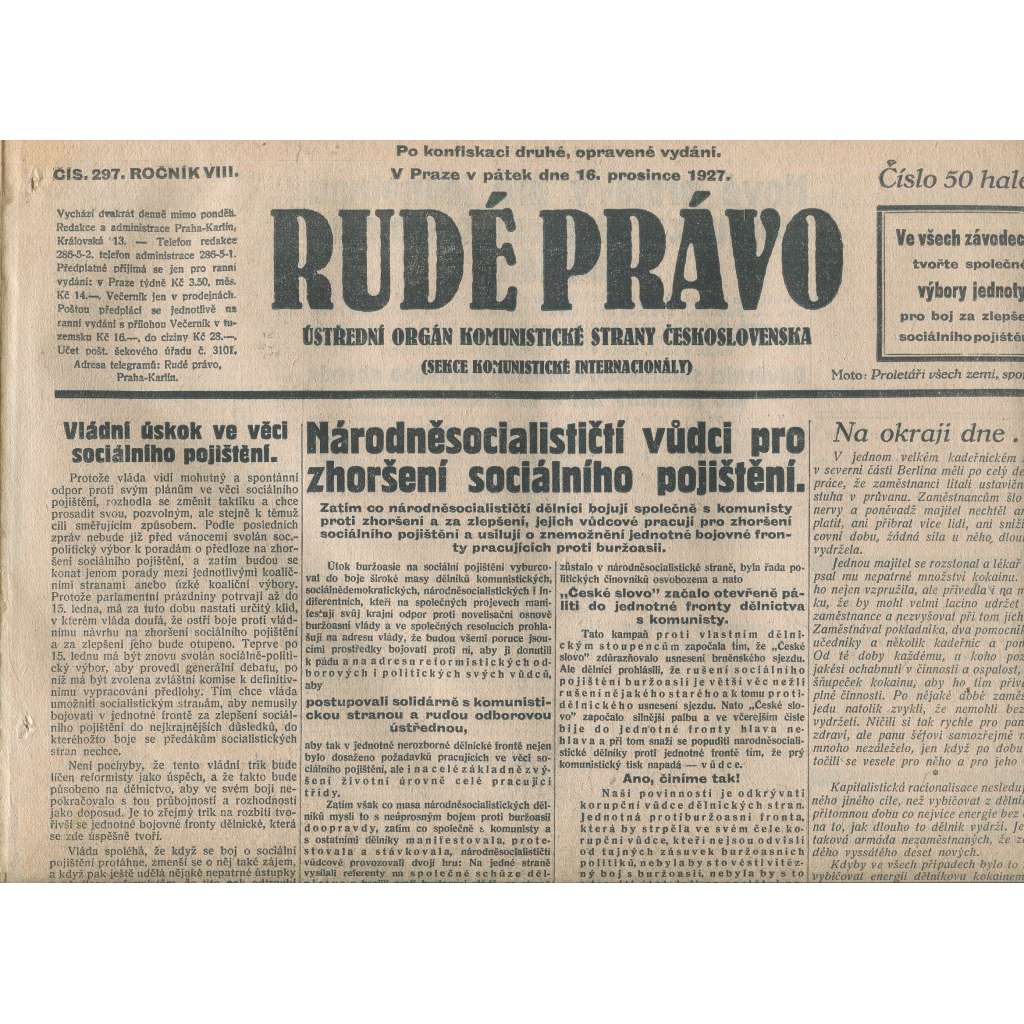 Rudé právo, ročník VIII., číslo 297/1927. Ústřední orgán Komunistické strany Československa (staré noviny, 1. republika)