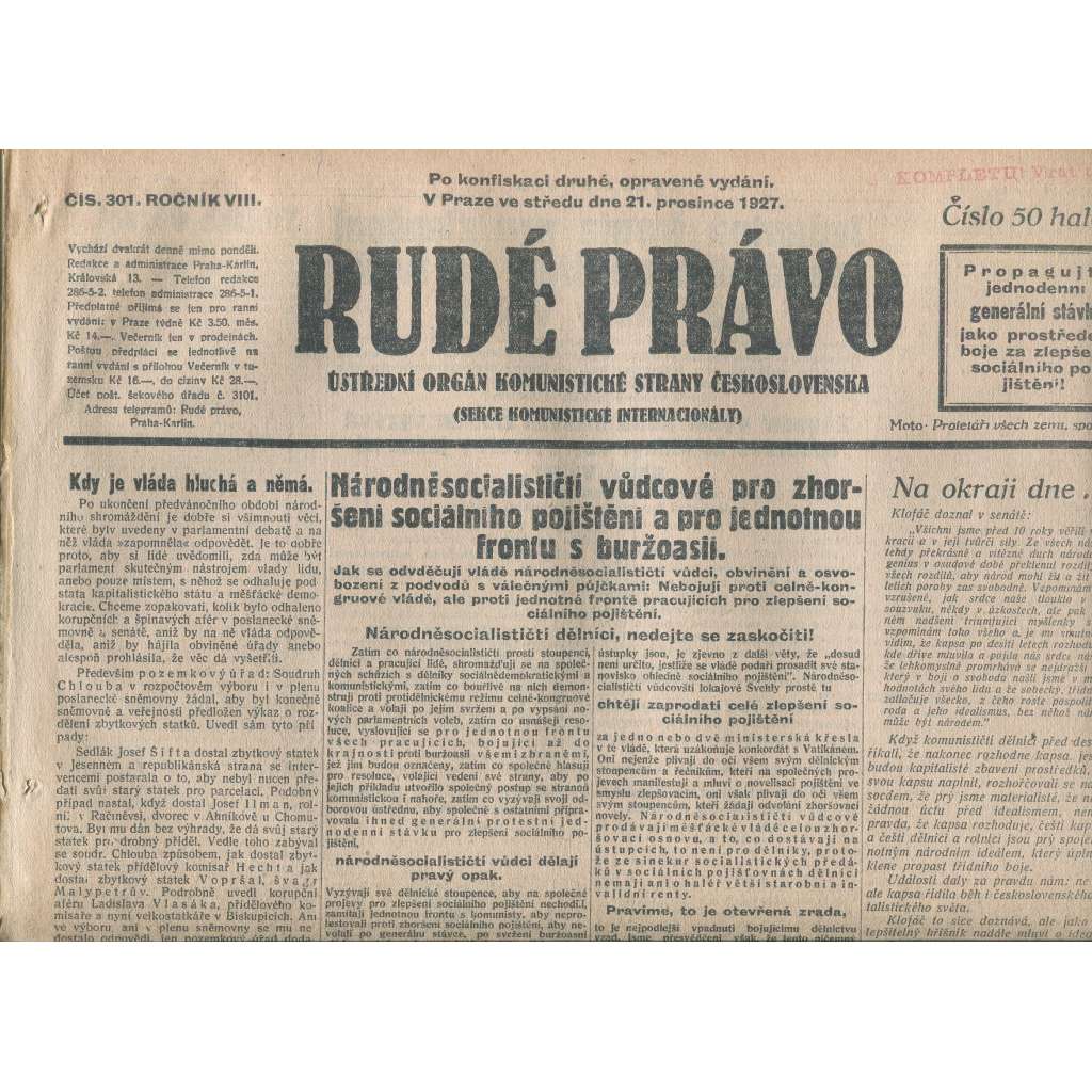 Rudé právo, ročník VIII., číslo 301/1927. Ústřední orgán Komunistické strany Československa (staré noviny, 1. republika)