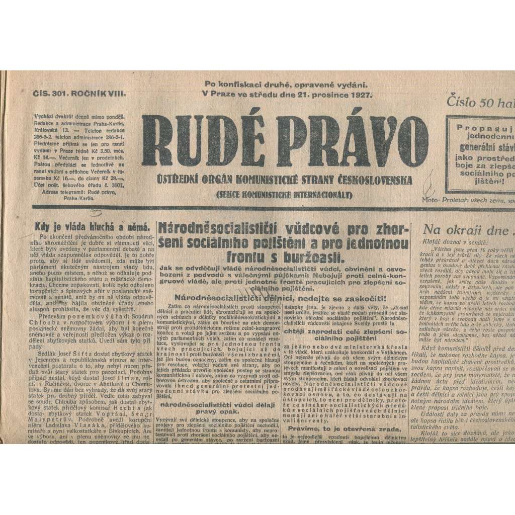 Rudé právo, ročník VIII., číslo 301/1927. Ústřední orgán Komunistické strany Československa (staré noviny, 1. republika)
