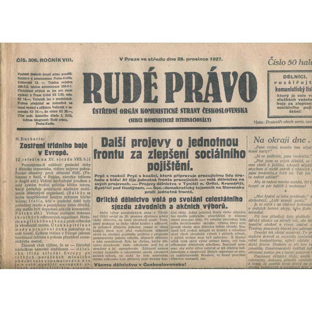 Rudé právo, ročník VIII., číslo 306/1927. Ústřední orgán Komunistické strany Československa (staré noviny, 1. republika)