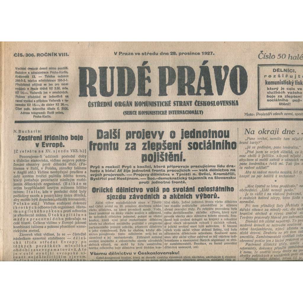 Rudé právo, ročník VIII., číslo 306/1927. Ústřední orgán Komunistické strany Československa (staré noviny, 1. republika)