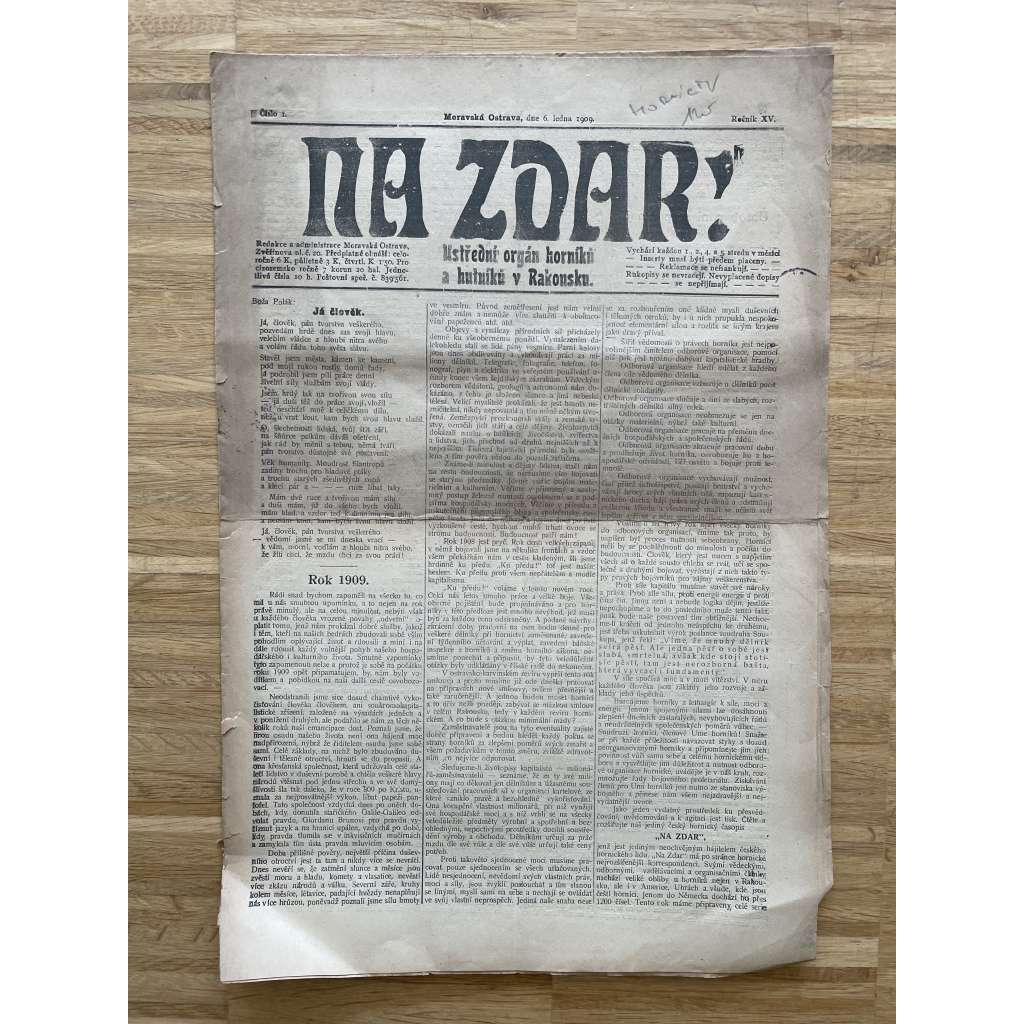 NA ZDAR! Ústřední orgán horníků a hutníků v Rakousku. Ročník XV., číslo 1/1909 [časopis, noviny, hornictví]