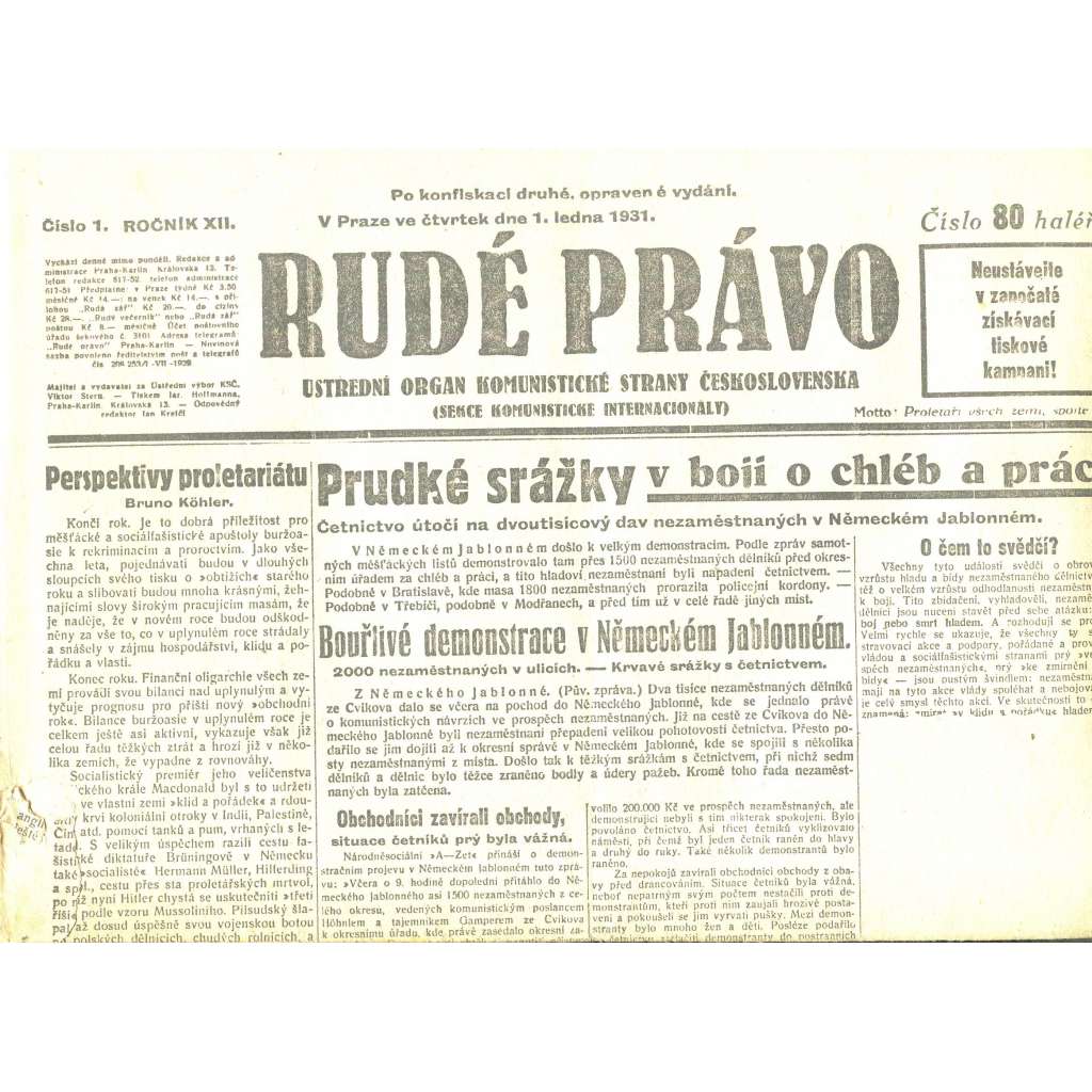 Rudé právo, ročník XII., číslo 1/1931. Ústřední orgán Komunistické strany Československa (staré noviny, 1. republika)