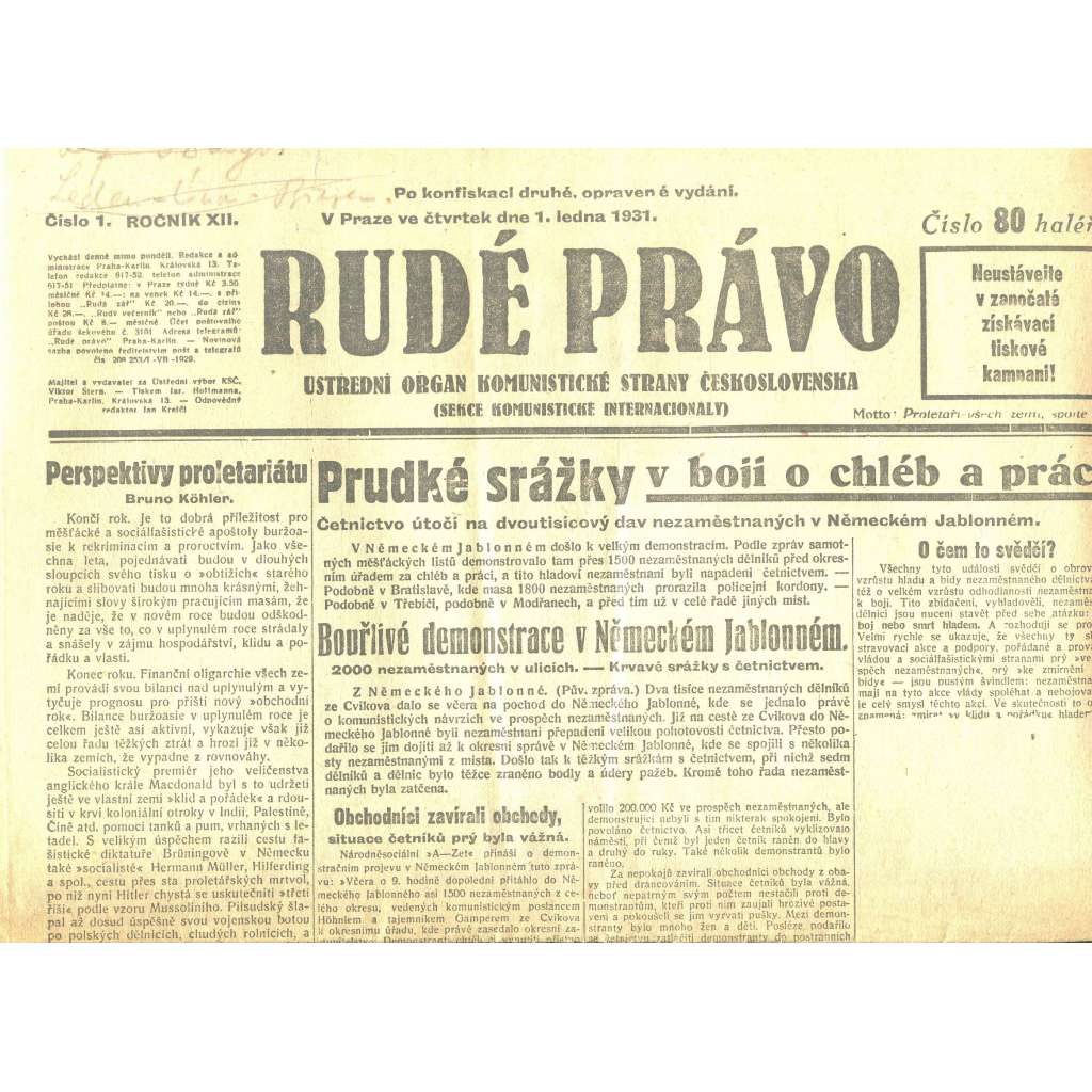 Rudé právo, ročník XII., číslo 1/1931. Ústřední orgán Komunistické strany Československa (staré noviny, 1. republika)