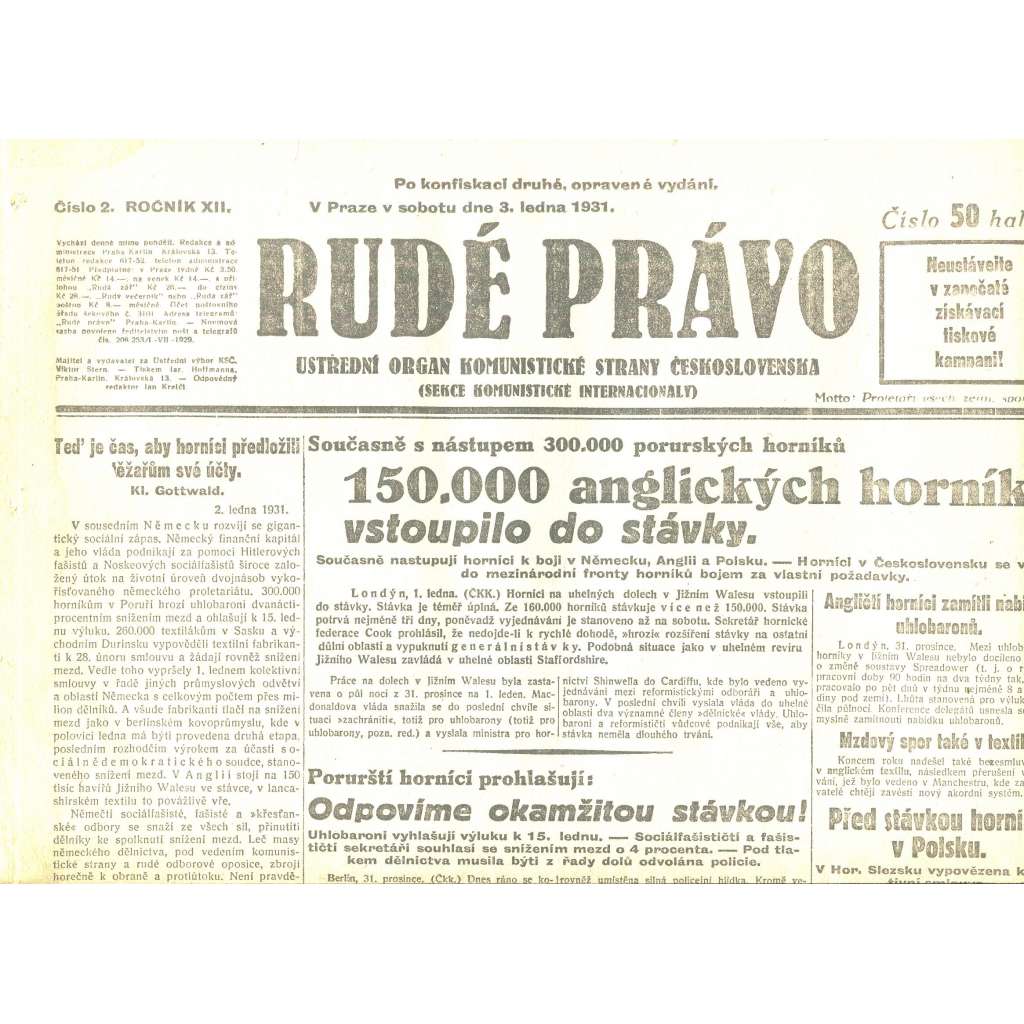 Rudé právo, ročník XII., číslo 2/1931. Ústřední orgán Komunistické strany Československa (staré noviny, 1. republika)