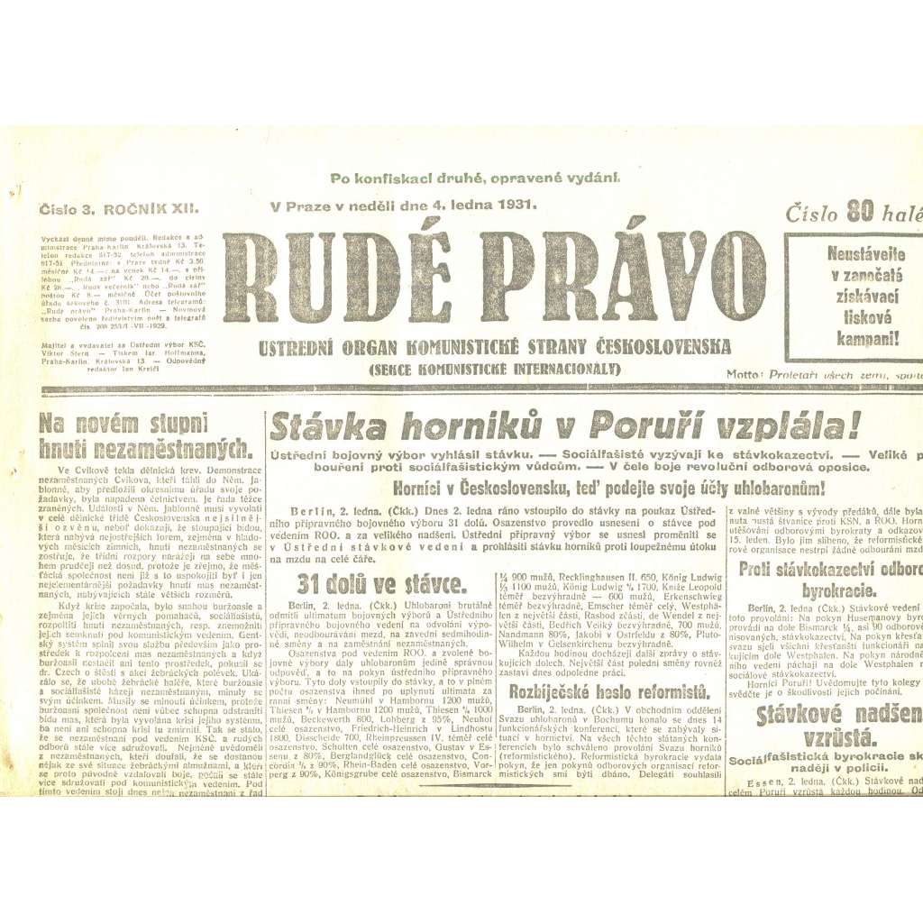 Rudé právo, ročník XII., číslo 3/1931. Ústřední orgán Komunistické strany Československa (staré noviny, 1. republika)