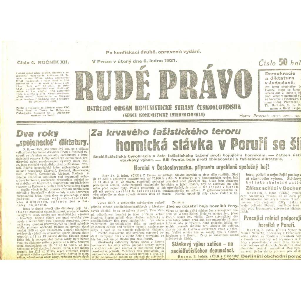 Rudé právo, ročník XII., číslo 4/1931. Ústřední orgán Komunistické strany Československa (staré noviny, 1. republika)