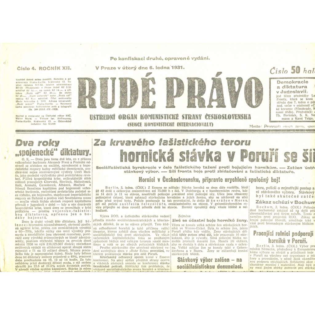 Rudé právo, ročník XII., číslo 4/1931. Ústřední orgán Komunistické strany Československa (staré noviny, 1. republika)