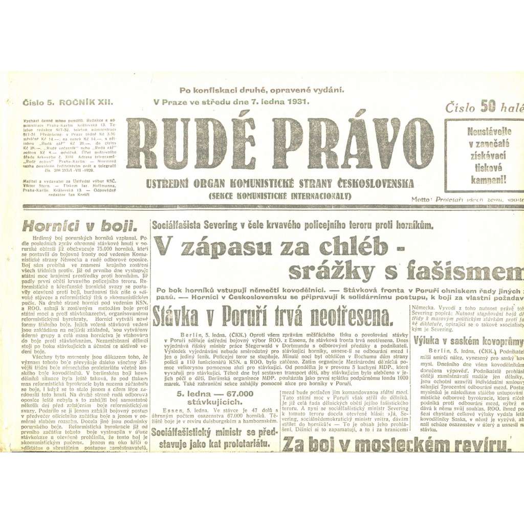 Rudé právo, ročník XII., číslo 5/1931. Ústřední orgán Komunistické strany Československa (staré noviny, 1. republika)