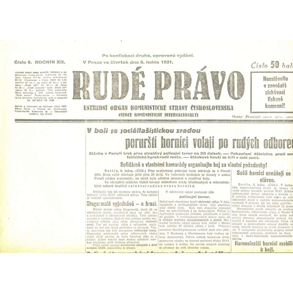 Rudé právo, ročník XII., číslo 6/1931. Ústřední orgán Komunistické strany Československa (staré noviny, 1. republika)