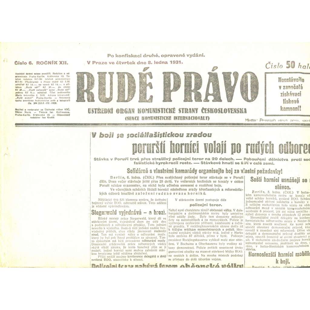 Rudé právo, ročník XII., číslo 6/1931. Ústřední orgán Komunistické strany Československa (staré noviny, 1. republika)