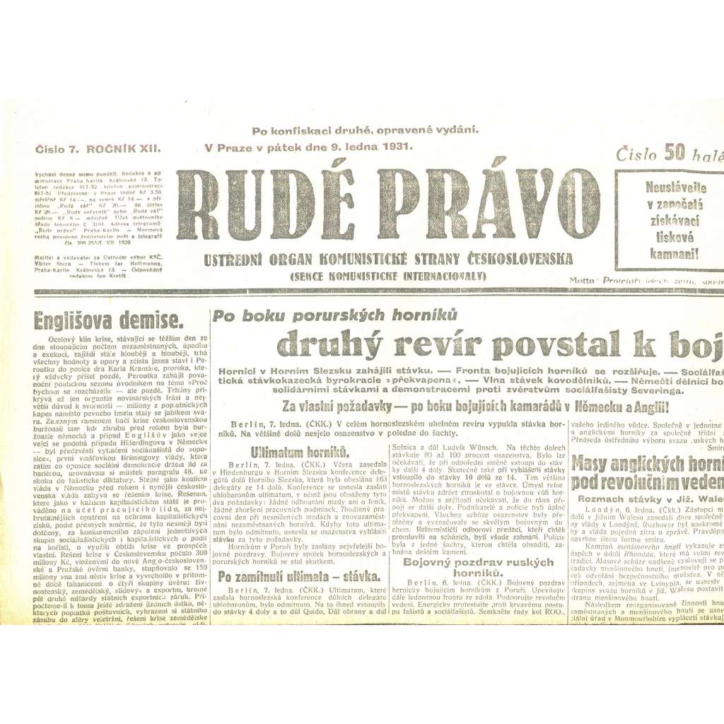 Rudé právo, ročník XII., číslo 7/1931. Ústřední orgán Komunistické strany Československa (staré noviny, 1. republika)