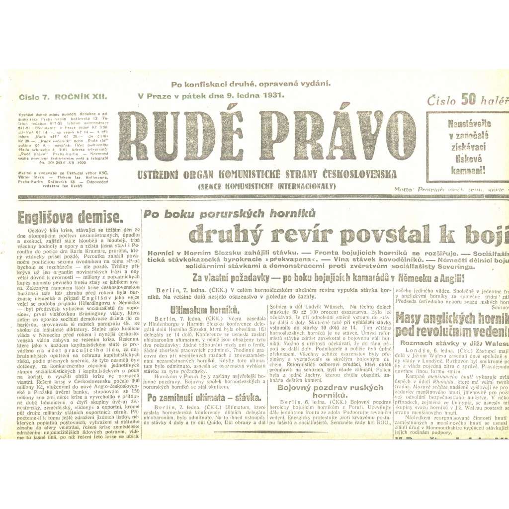 Rudé právo, ročník XII., číslo 7/1931. Ústřední orgán Komunistické strany Československa (staré noviny, 1. republika)