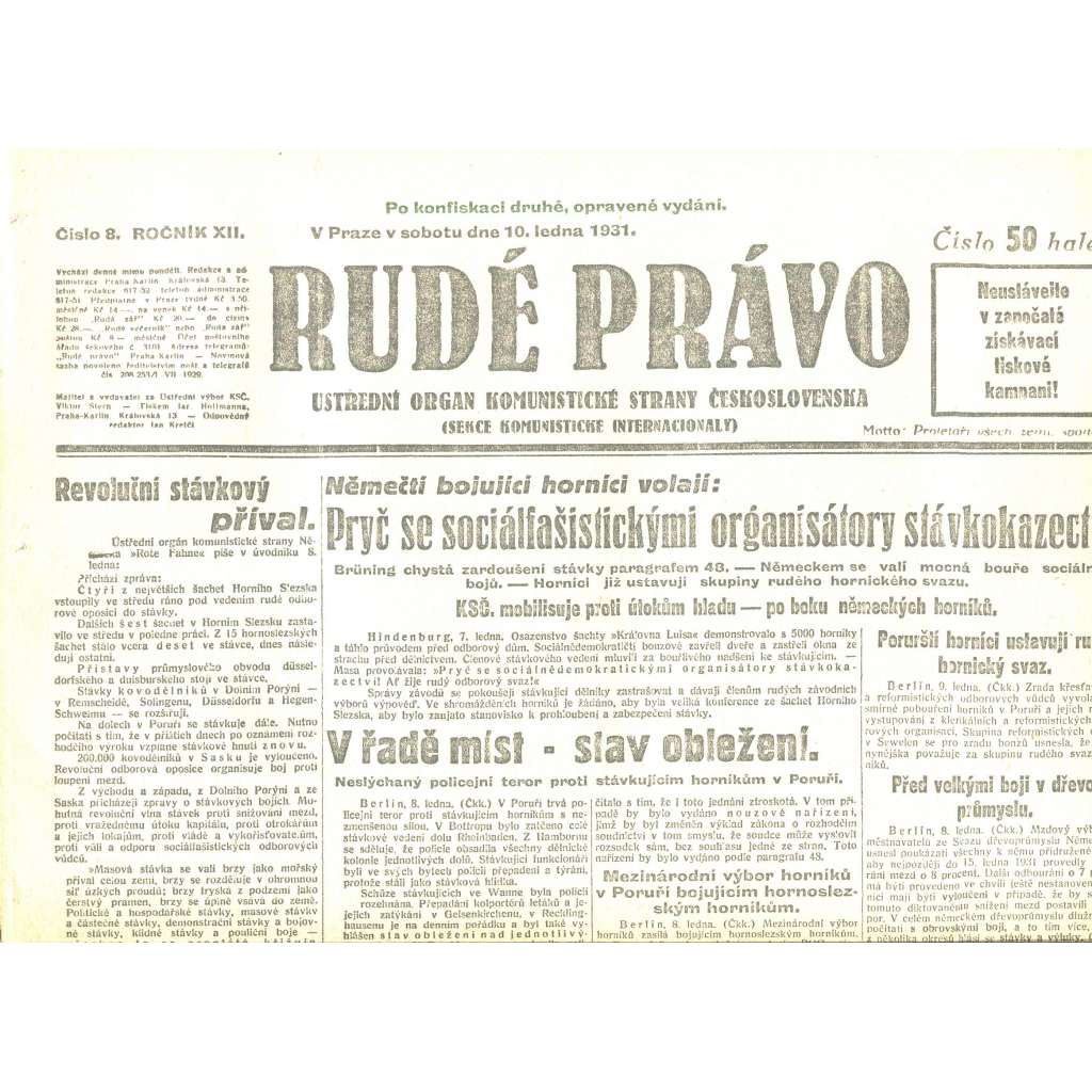 Rudé právo, ročník XII., číslo 8/1931. Ústřední orgán Komunistické strany Československa (staré noviny, 1. republika)