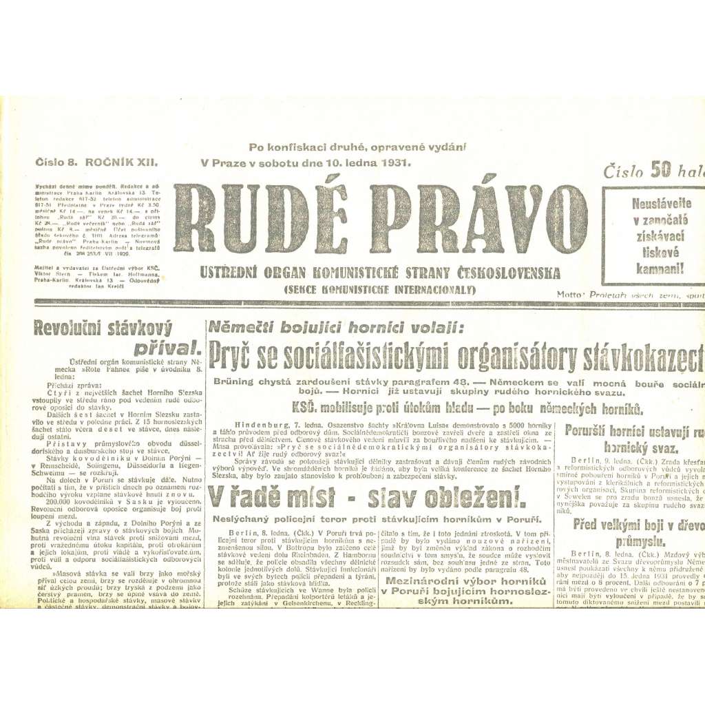 Rudé právo, ročník XII., číslo 8/1931. Ústřední orgán Komunistické strany Československa (staré noviny, 1. republika)