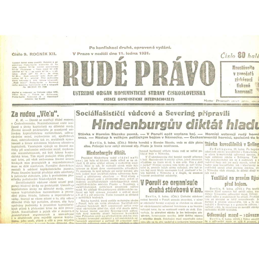 Rudé právo, ročník XII., číslo 9/1931. Ústřední orgán Komunistické strany Československa (staré noviny, 1. republika)