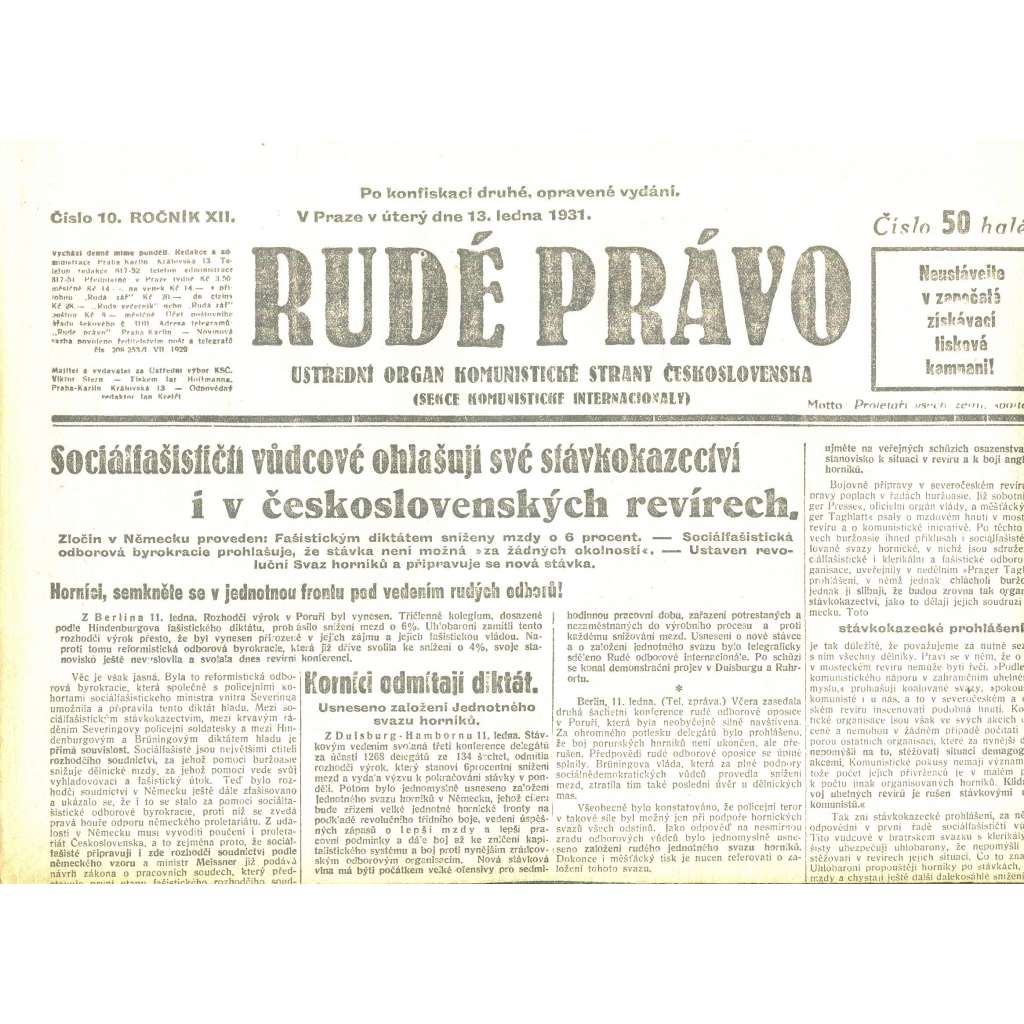 Rudé právo, ročník XII., číslo 10/1931. Ústřední orgán Komunistické strany Československa (staré noviny, 1. republika)