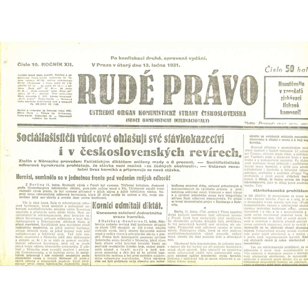 Rudé právo, ročník XII., číslo 10/1931. Ústřední orgán Komunistické strany Československa (staré noviny, 1. republika)