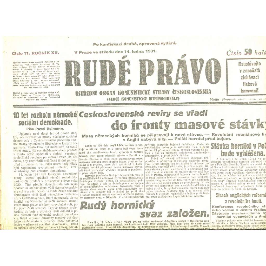 Rudé právo, ročník XII., číslo 11/1931. Ústřední orgán Komunistické strany Československa (staré noviny, 1. republika)