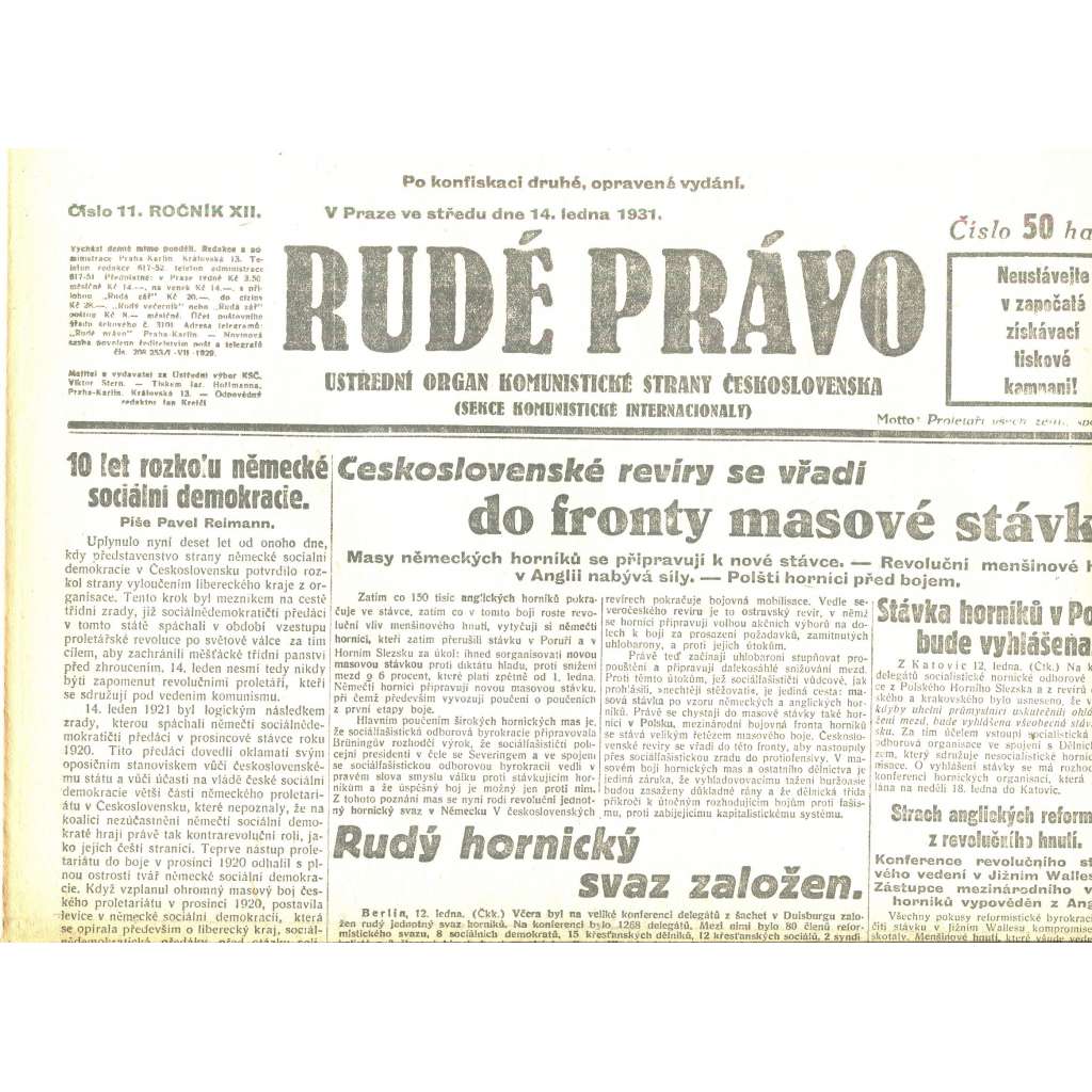Rudé právo, ročník XII., číslo 11/1931. Ústřední orgán Komunistické strany Československa (staré noviny, 1. republika)