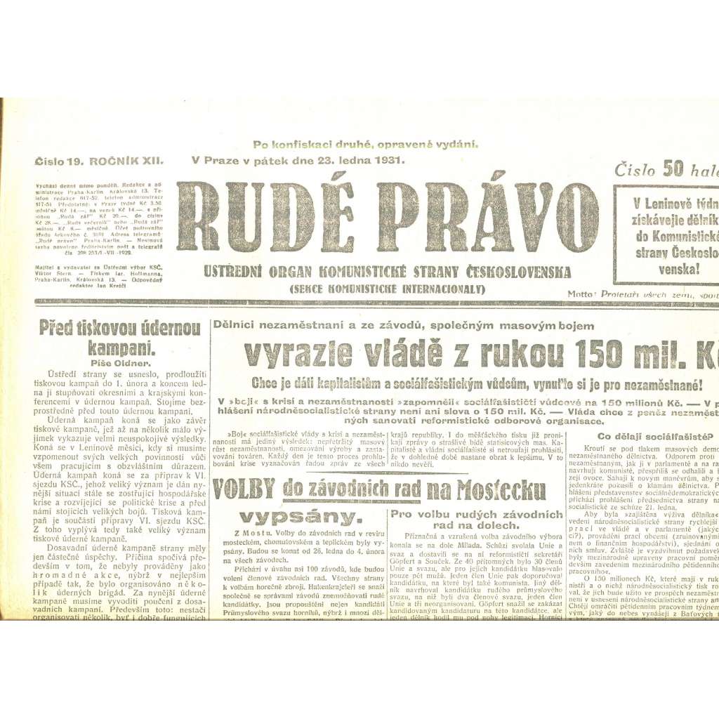 Rudé právo, ročník XII., číslo 19/1931. Ústřední orgán Komunistické strany Československa (staré noviny, 1. republika)