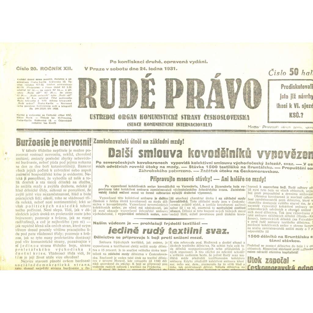 Rudé právo, ročník XII., číslo 20/1931. Ústřední orgán Komunistické strany Československa (staré noviny, 1. republika)