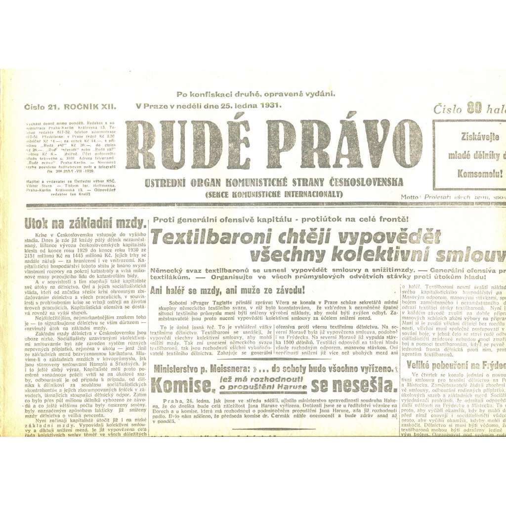 Rudé právo, ročník XII., číslo 21/1931. Ústřední orgán Komunistické strany Československa (staré noviny, 1. republika)