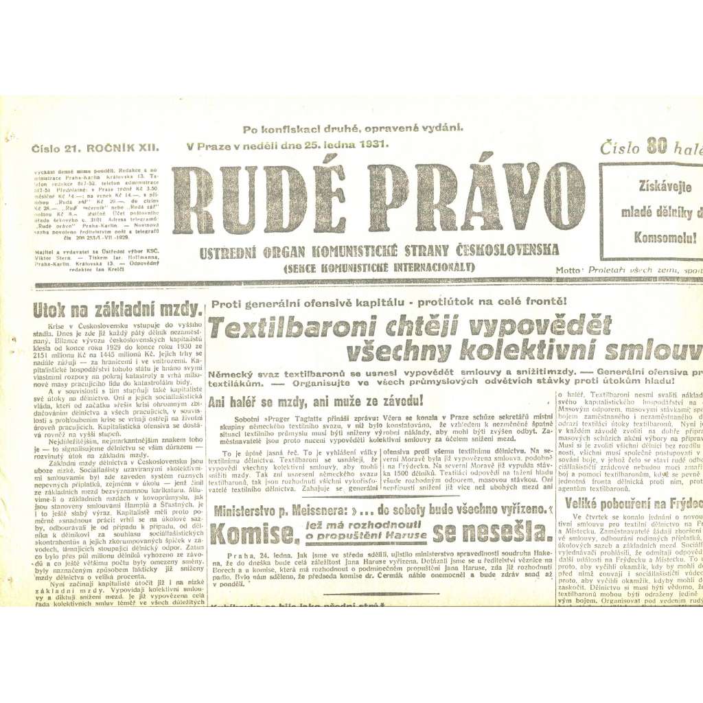 Rudé právo, ročník XII., číslo 21/1931. Ústřední orgán Komunistické strany Československa (staré noviny, 1. republika)