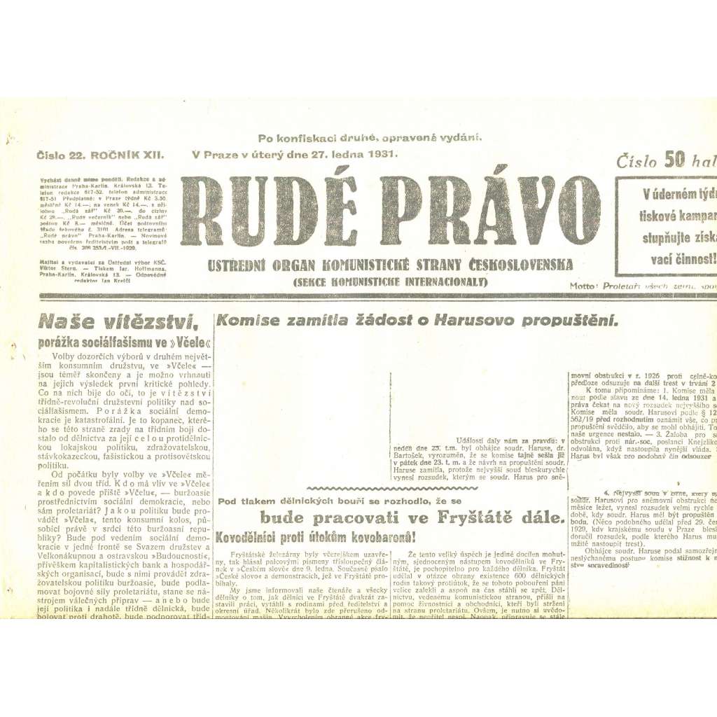 Rudé právo, ročník XII., číslo 22/1931. Ústřední orgán Komunistické strany Československa (staré noviny, 1. republika)