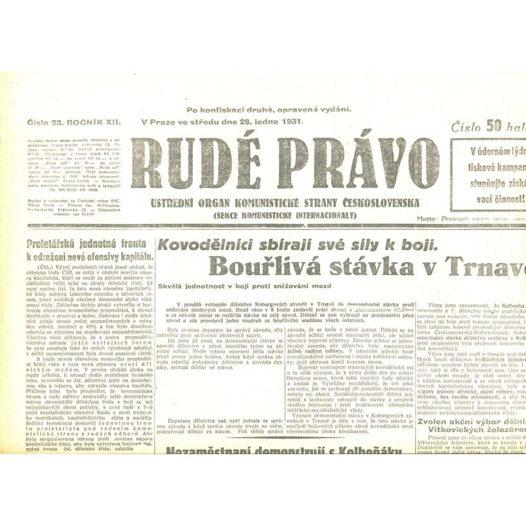 Rudé právo, ročník XII., číslo 23/1931. Ústřední orgán Komunistické strany Československa (staré noviny, 1. republika)