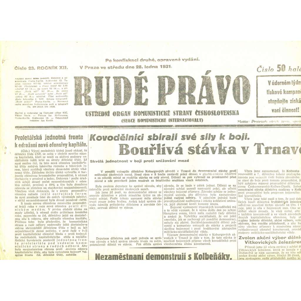Rudé právo, ročník XII., číslo 23/1931. Ústřední orgán Komunistické strany Československa (staré noviny, 1. republika) Rudé právo, ročník XII., číslo 23/1931. Ústřední orgán Komunistické strany Československa (staré noviny, 1. republika)