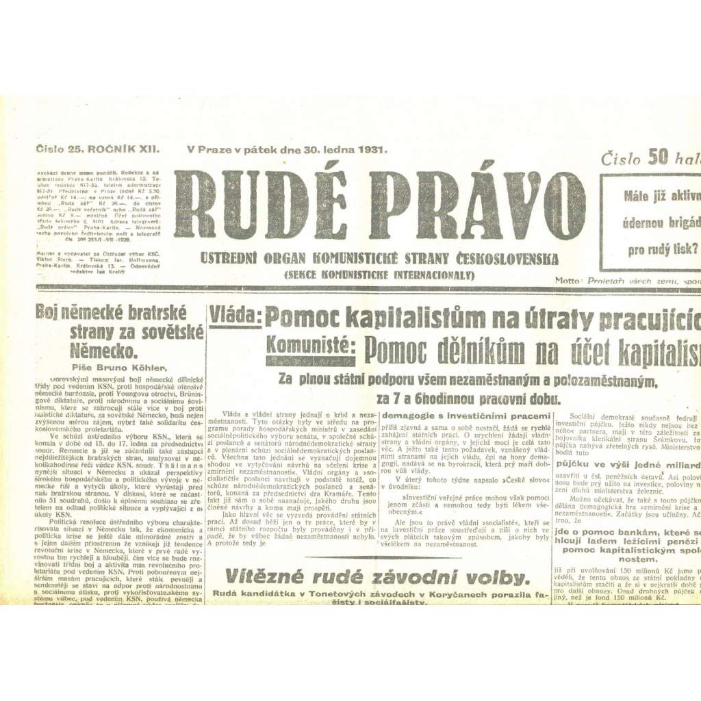 Rudé právo, ročník XII., číslo 25/1931. Ústřední orgán Komunistické strany Československa (staré noviny, 1. republika)