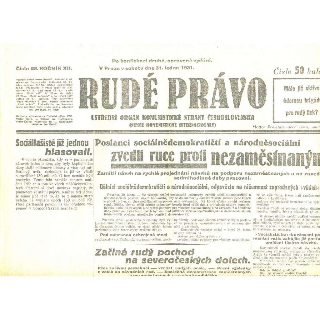 Rudé právo, ročník XII., číslo 26/1931. Ústřední orgán Komunistické strany Československa (staré noviny, 1. republika)