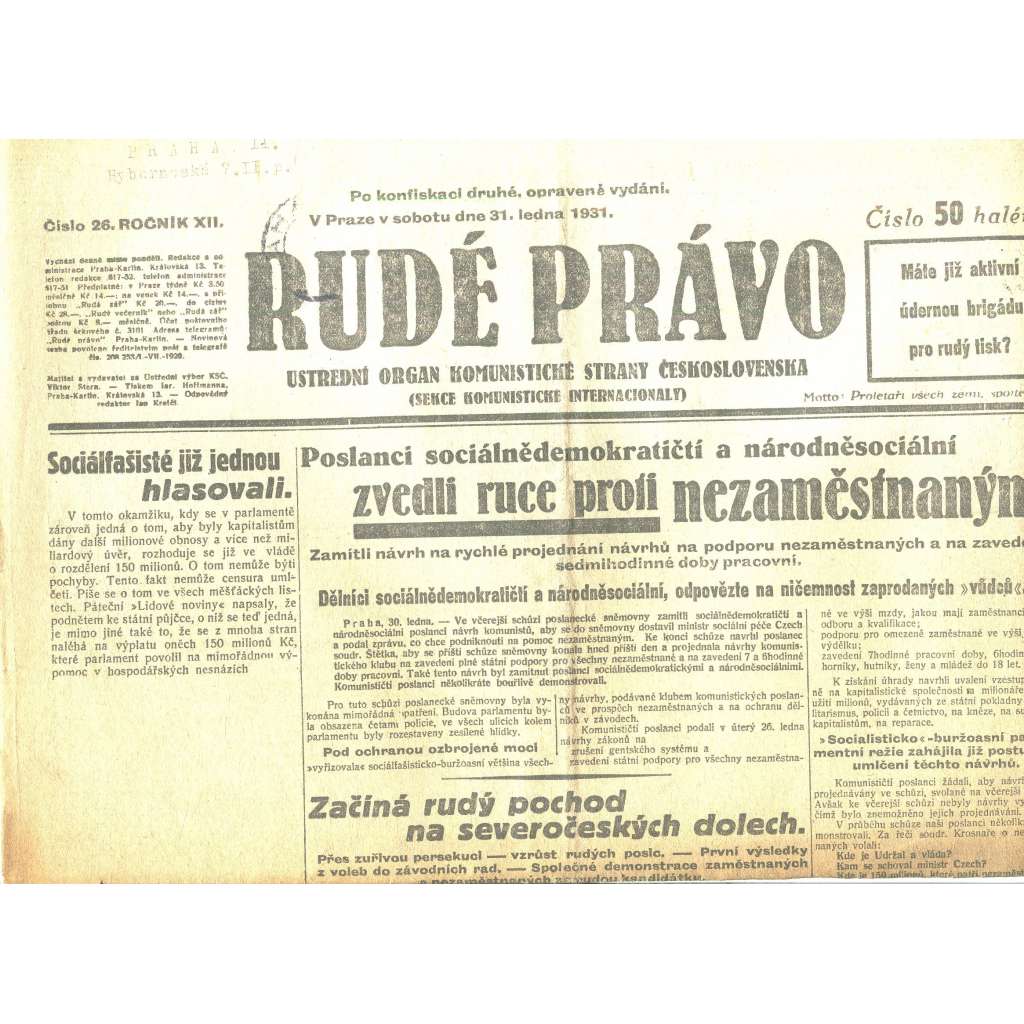 Rudé právo, ročník XII., číslo 26/1931. Ústřední orgán Komunistické strany Československa (staré noviny, 1. republika)
