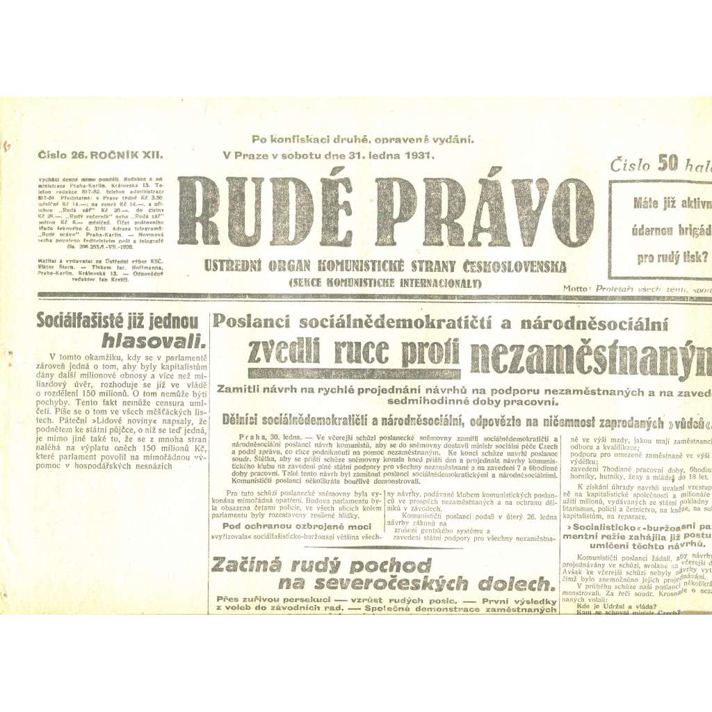Rudé právo, ročník XII., číslo 26/1931. Ústřední orgán Komunistické strany Československa (staré noviny, 1. republika)