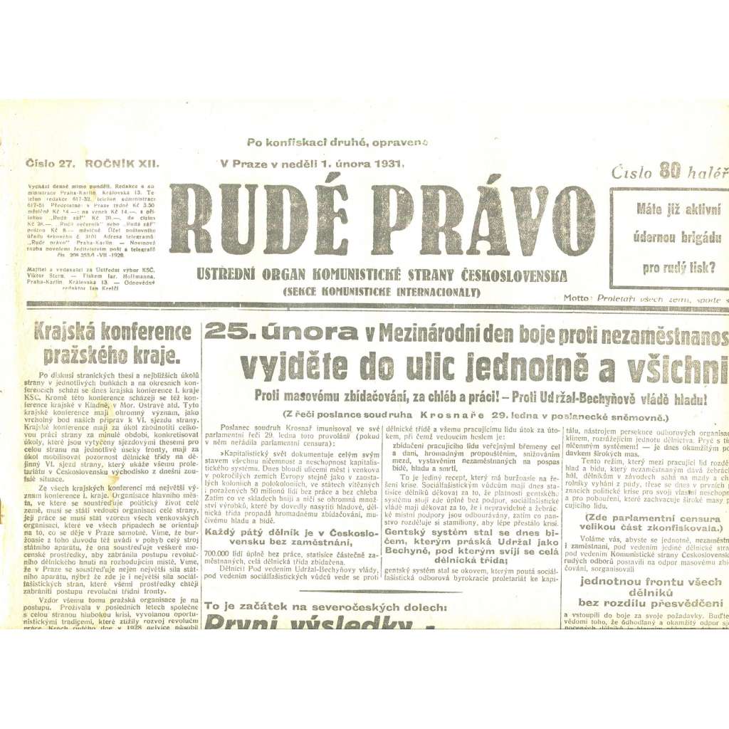 Rudé právo, ročník XII., číslo 27/1931. Ústřední orgán Komunistické strany Československa (staré noviny, 1. republika)